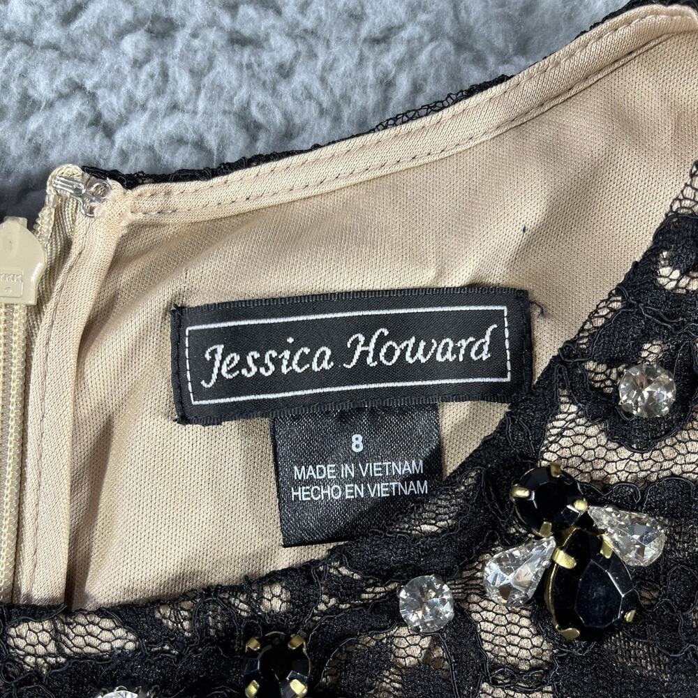 Jessica Howard Dress 8 NWT Black Lace Tan Lining Beaded Neckline Sheath JH5M8454 - Picture 2 of 13